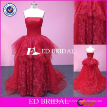 Strapless Real Picture Vinho Vermelho Ruffle Tulle Vestidos de casamento simples com renda